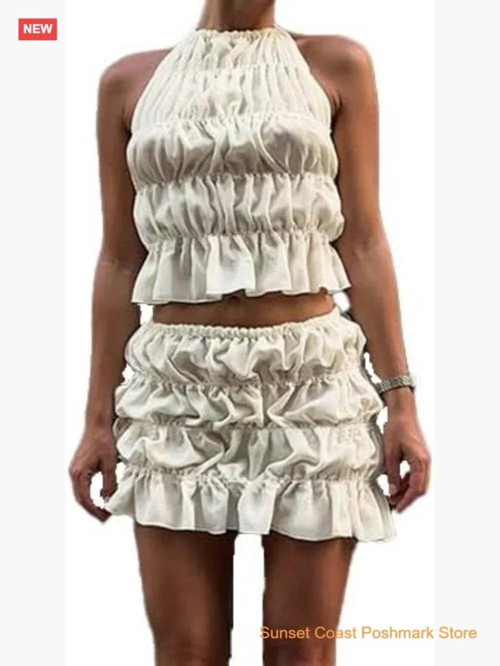 Y2K Boho Two Piece Skirt Set Pleated Ruffled Backless Crop Top Lace Up See